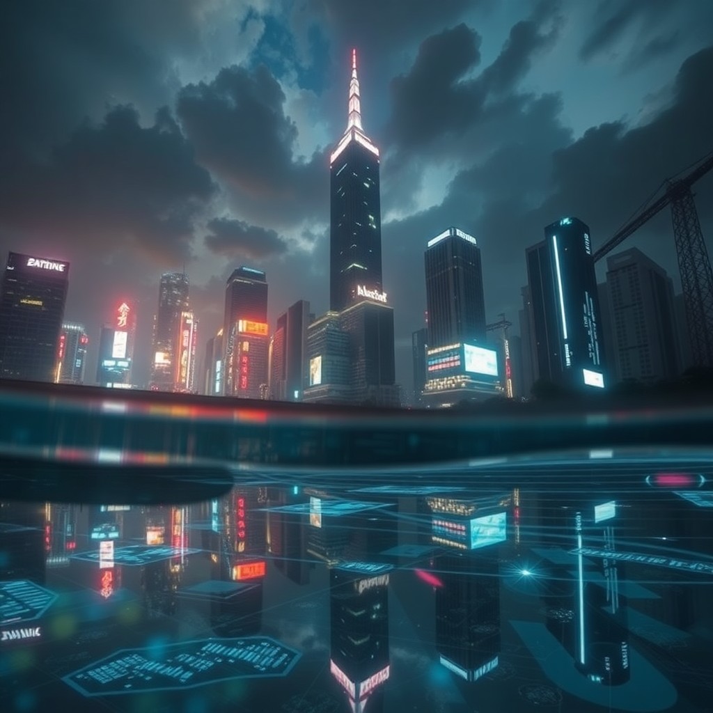 AI generated art for prompt: Picture an urban landscape at night, where skyscrapers pierce through dark clouds, casting their ref