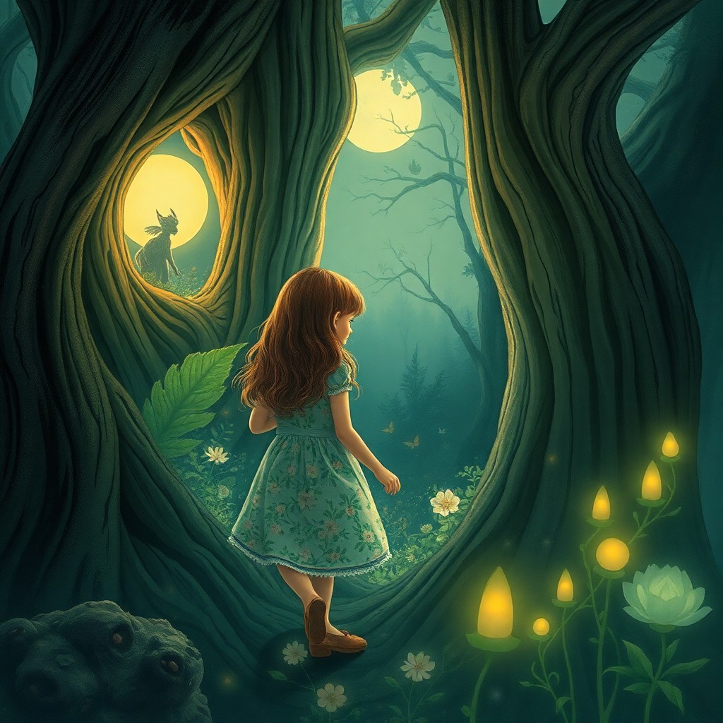 AI generated art for prompt: Craft an enchanting image reminiscent of vintage fairy tale illustrations, capturing a tranquil moon