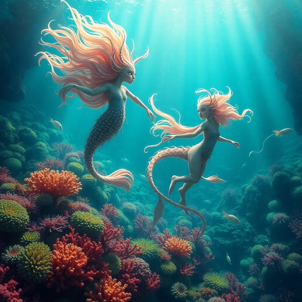 AI generated art for prompt: A captivating digital art scene depicts a tranquil underwater world where mythical creatures, remini