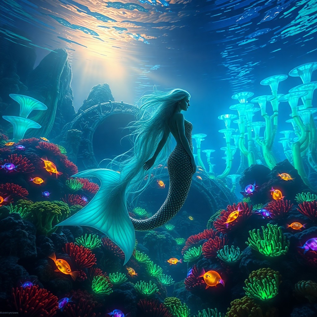 AI generated art for prompt: Visualize an enchanting underwater realm where a mesmerizing mermaid with shimmering blue-green tres