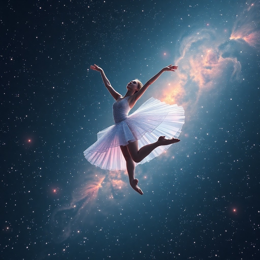 AI generated art for prompt: Craft an alluring digital illustration that portrays a celestial ballet dancer gracefully pirouettin