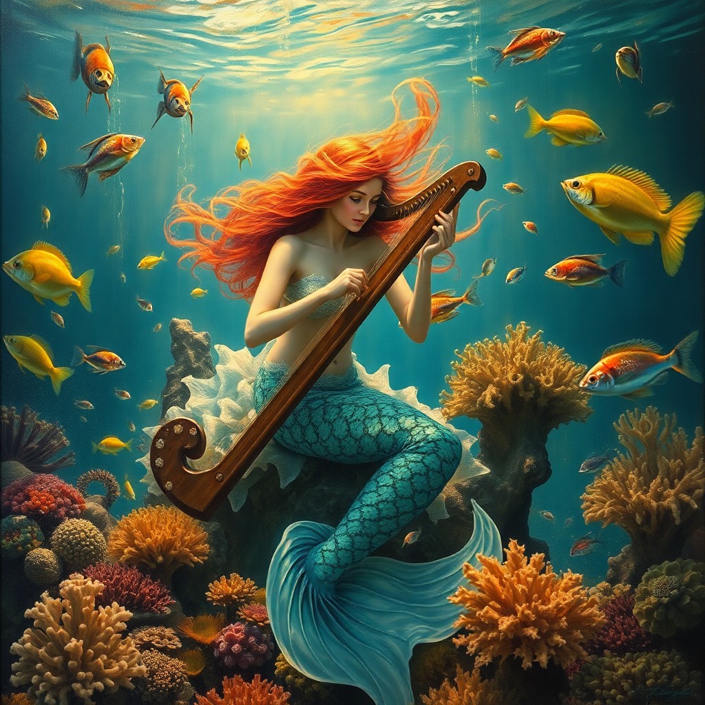 AI generated art for prompt: Visualize an oil painting that captures a surreal underwater environment where a graceful mermaid wi