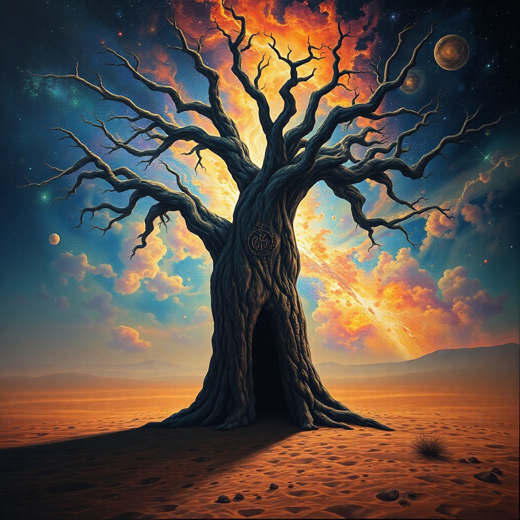 AI generated art for prompt: A mesmerizing oil painting captures a surreal landscape where an enormous tree, its gnarled bark int