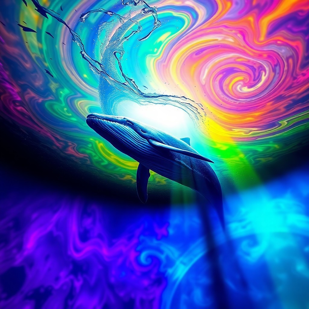 AI generated art for prompt: Imagine a surreal underwater landscape where vibrant hues swirl like cosmic patterns, merging with e