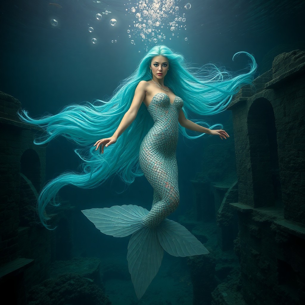 AI generated art for prompt: In the dreamlike realm of surrealist underwater exploration, an enchanting mermaid with flowing, vib