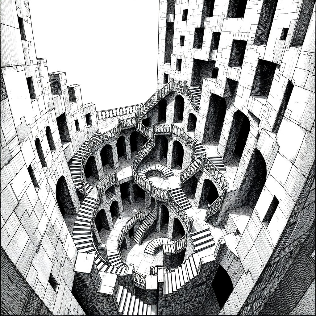 AI generated art for prompt: Envision an elaborate pen-and-ink illustration reminiscent of M.C. Escher's style, portraying a conf