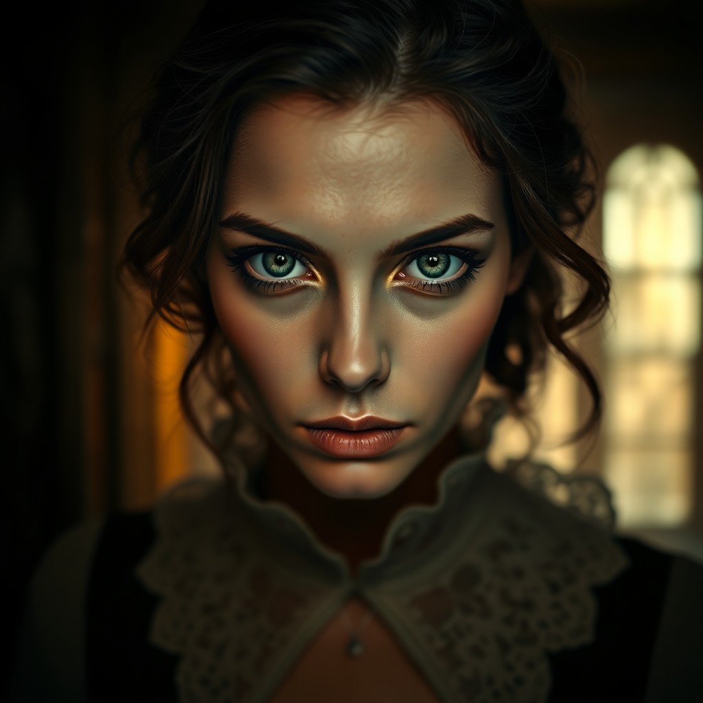 AI generated art for prompt: An exquisite portrait captures a mysterious woman with piercing green eyes set against a warm, dimly