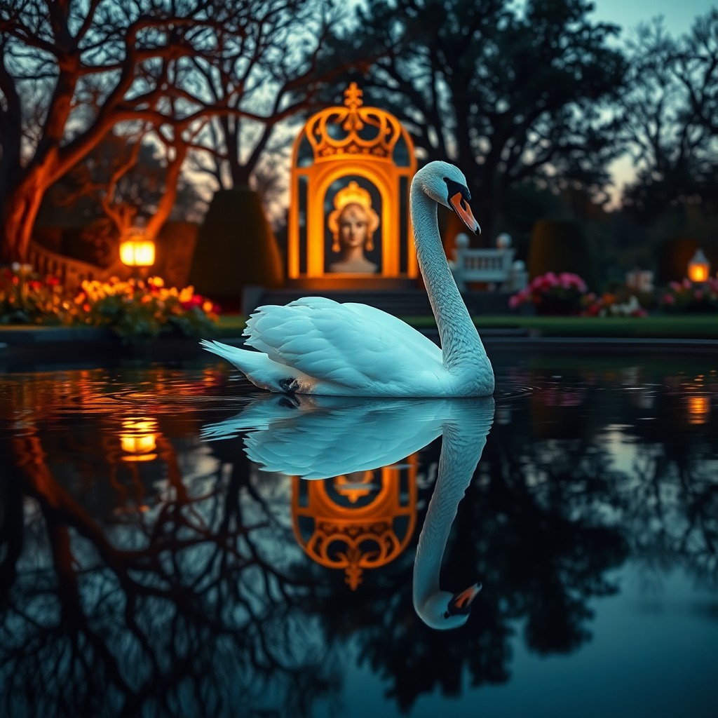 AI generated art for prompt: In a surreal dreamlike landscape reminiscent of Dali's paintings, capture a majestic swan gracefully