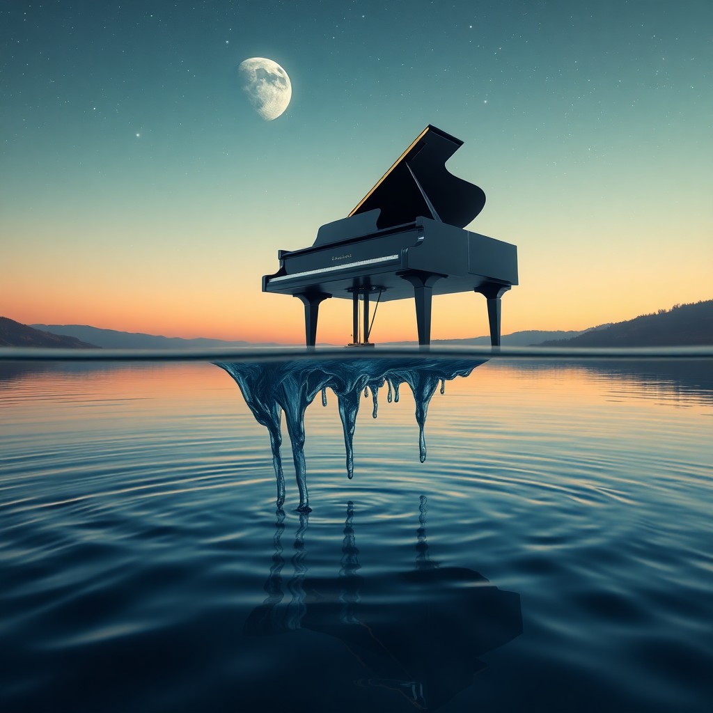 AI generated art for prompt: A surreal digital artwork featuring an ethereal scene where a grand piano levitates above a tranquil