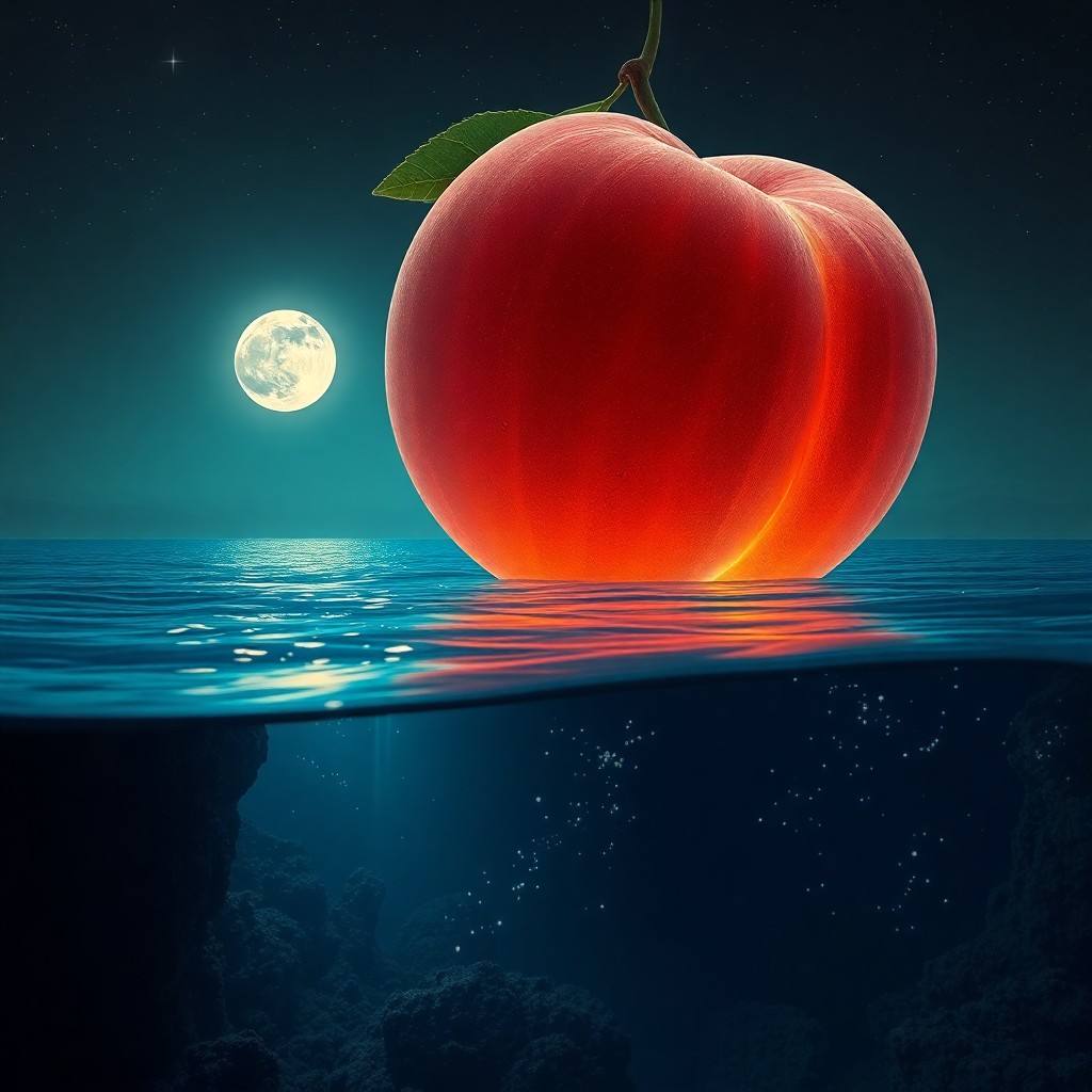 AI generated art for prompt: Create an enchanting dreamlike scene inspired by surrealism, featuring a colossal moonlit peach susp