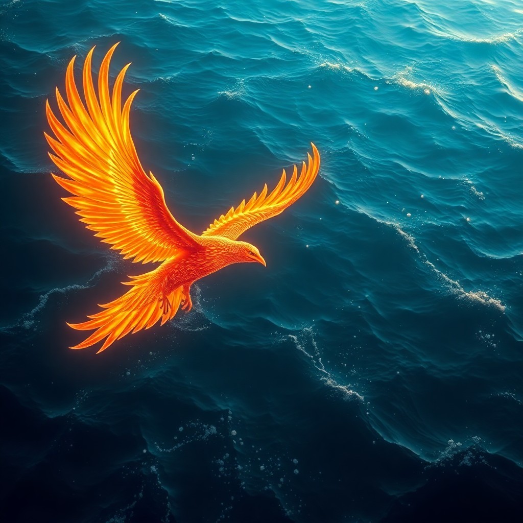 AI generated art for prompt: A breathtaking digital masterpiece depicts a regal phoenix soaring out of an enigmatic ocean, its ra