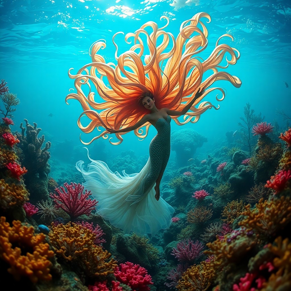 AI generated art for prompt: Imagine an enchanting underwater realm where a curious mermaid with hair akin to swirling brushstrok