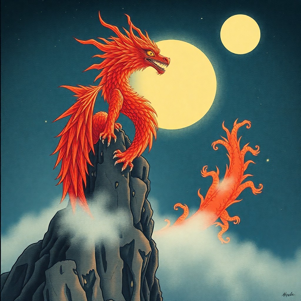 AI generated art for prompt: A majestic mythical creature, reminiscent of a classic Japanese woodblock print, perches atop a mist