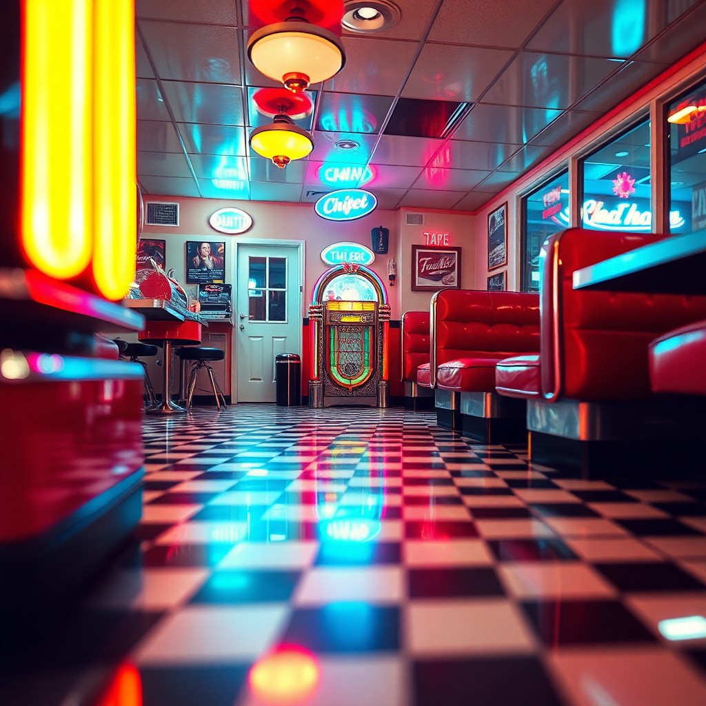 AI generated art for prompt: Craft an image that embodies the lively spirit of a mid-century American diner, encapsulating the al