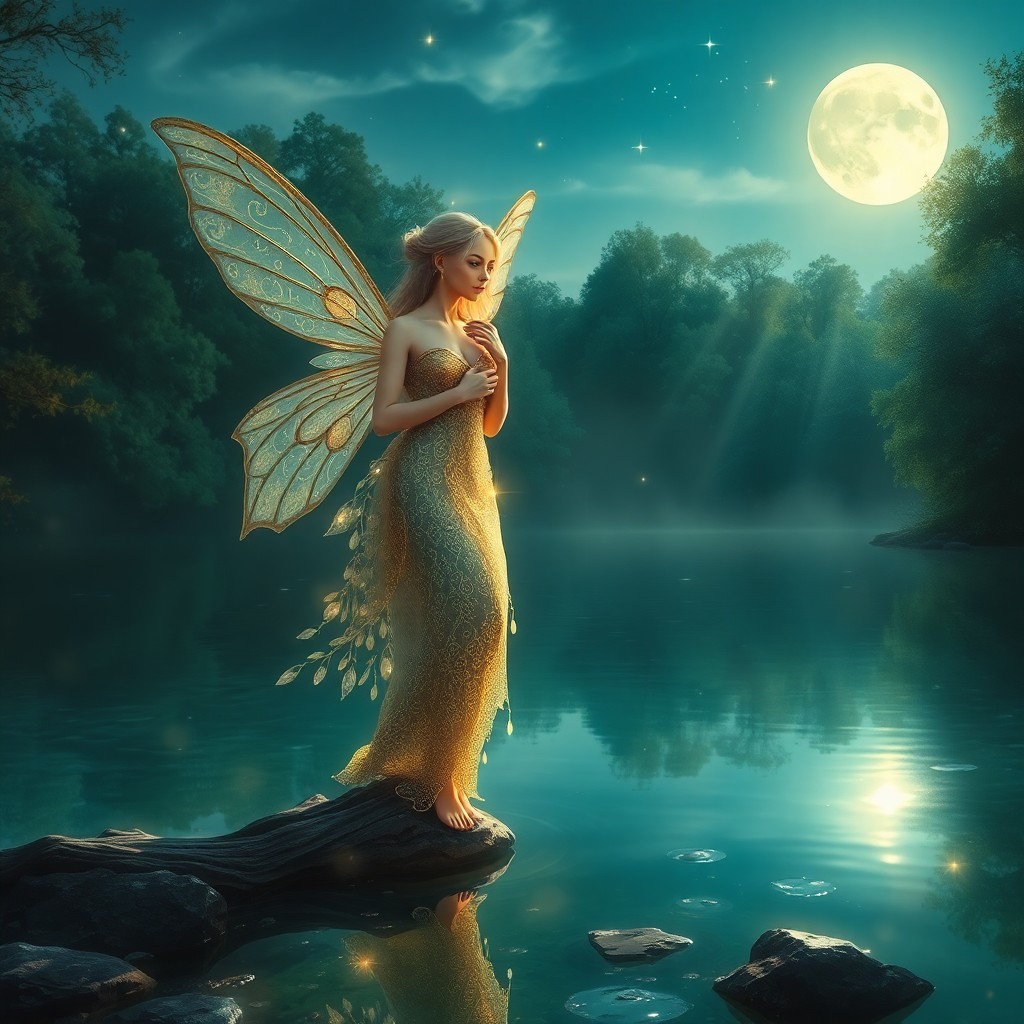 AI generated art for prompt: An enchanting digital painting captures an ethereal scene where a mesmerizing fairy perches on the e