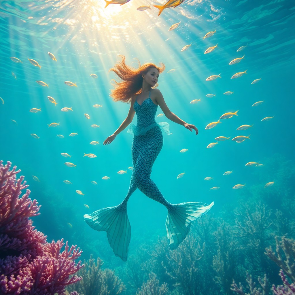 AI generated art for prompt: Visualize an enchanting underwater scene where a graceful mermaid with shimmering scales in vibrant 