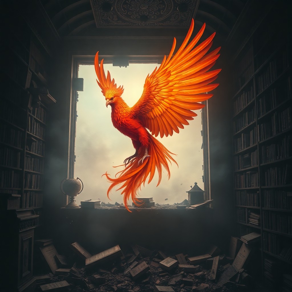 AI generated art for prompt: Create an enigmatic scene reminiscent of surrealist art, depicting a resplendent phoenix rising from
