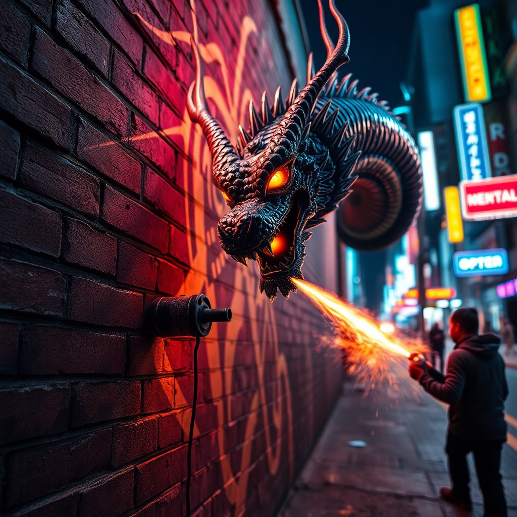 AI generated art for prompt: A street artist in a futuristic cityscape is mid-spray, painting an elaborate dragon with glowing de