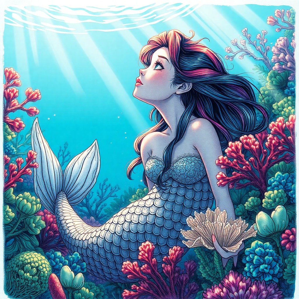 AI generated art for prompt: Envision a captivating underwater tableau, harmoniously merging the intricate pen-and-ink precision 