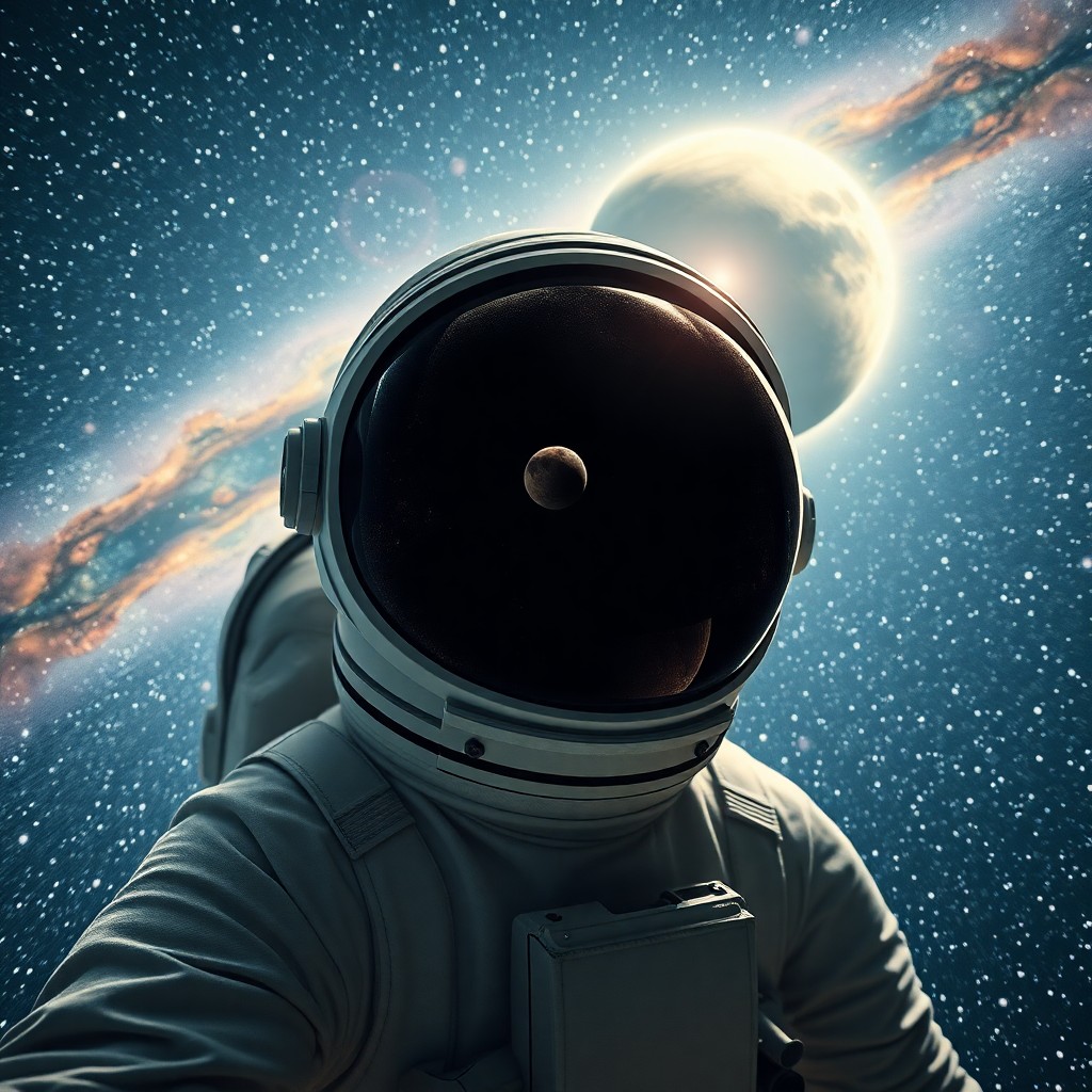 AI generated art for prompt: Craft an image that embodies the eerie cosmic landscapes, featuring a solitary astronaut adrift in a