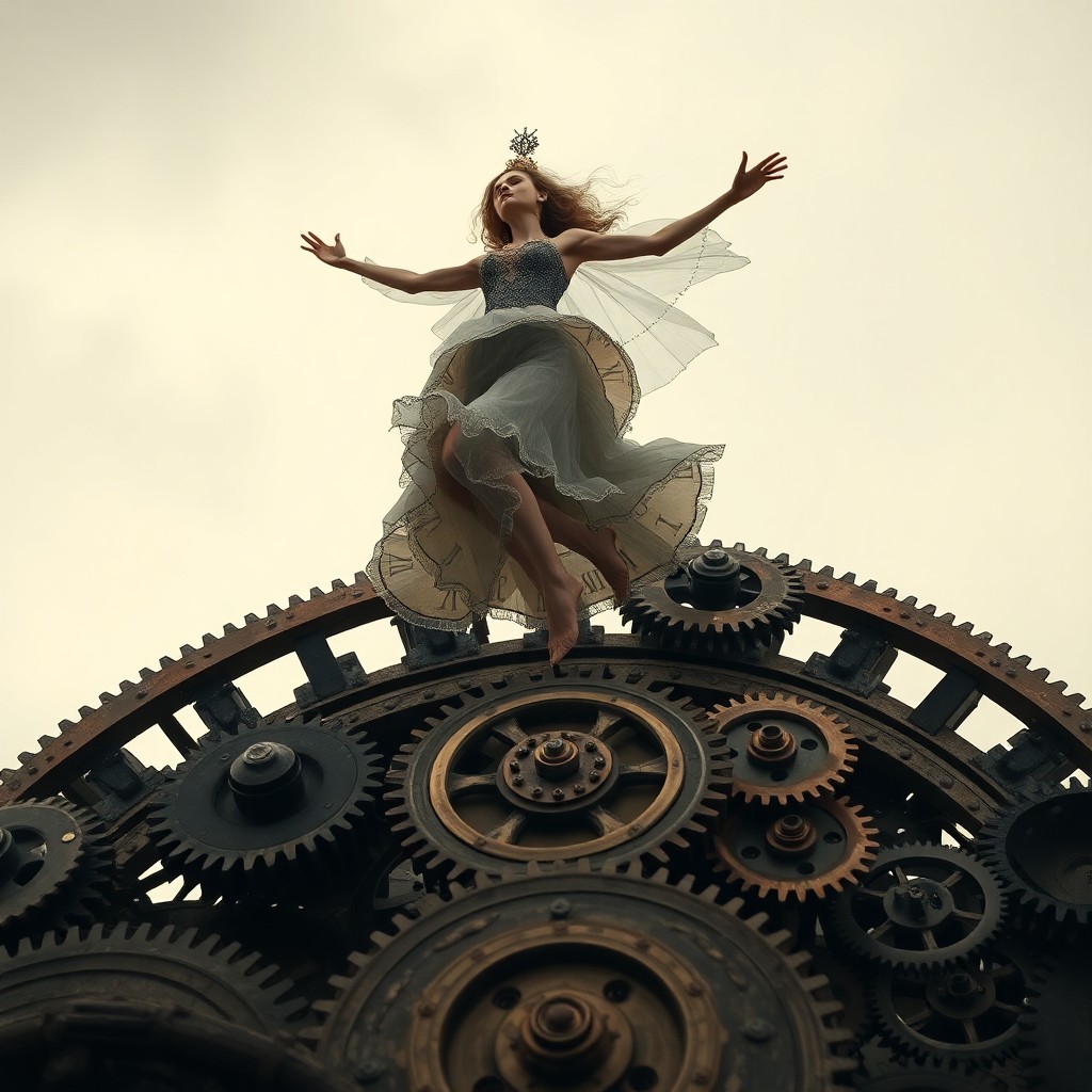 AI generated art for prompt: Craft an image in the neo-Victorian steampunk aesthetic, portraying a delicate woman with clockwork 