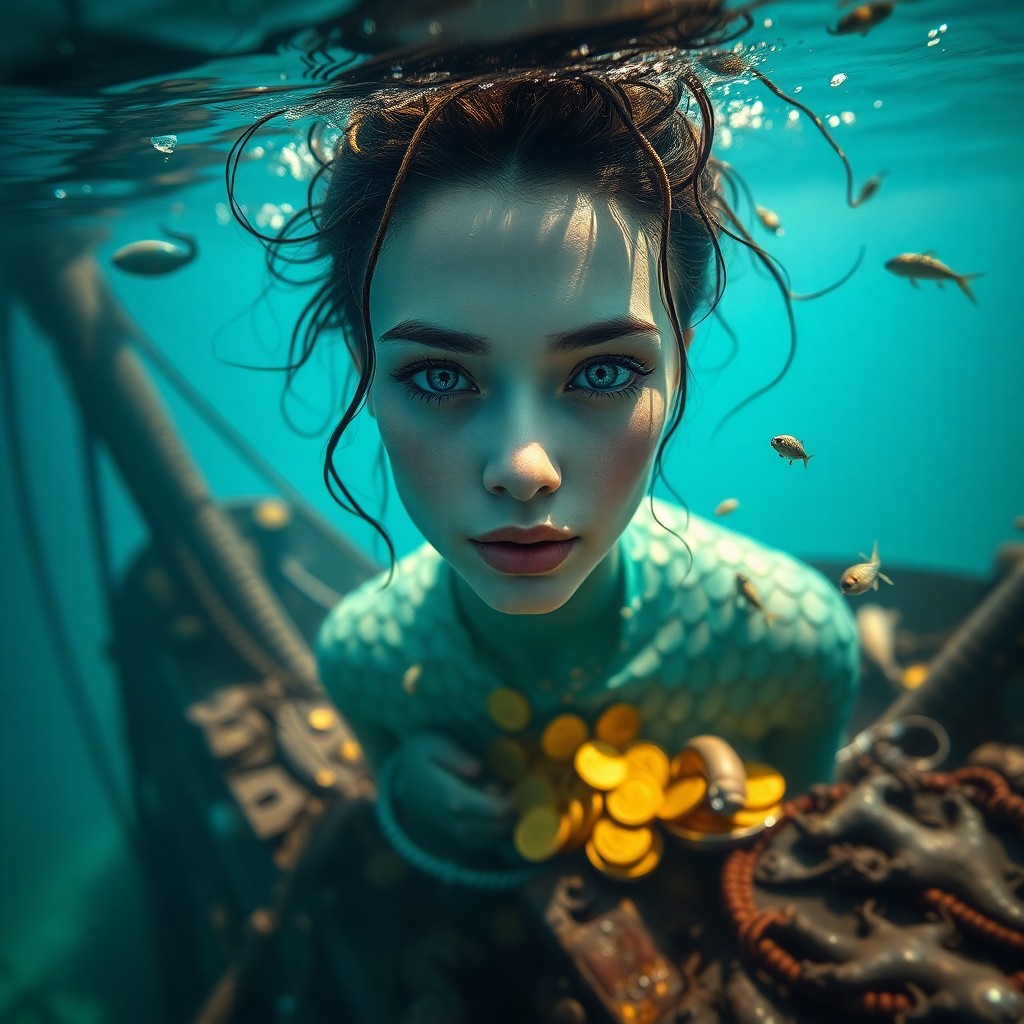 AI generated art for prompt: A mesmerizing underwater portrait captures an enigmatic mermaid with scales in hues of turquoise ble