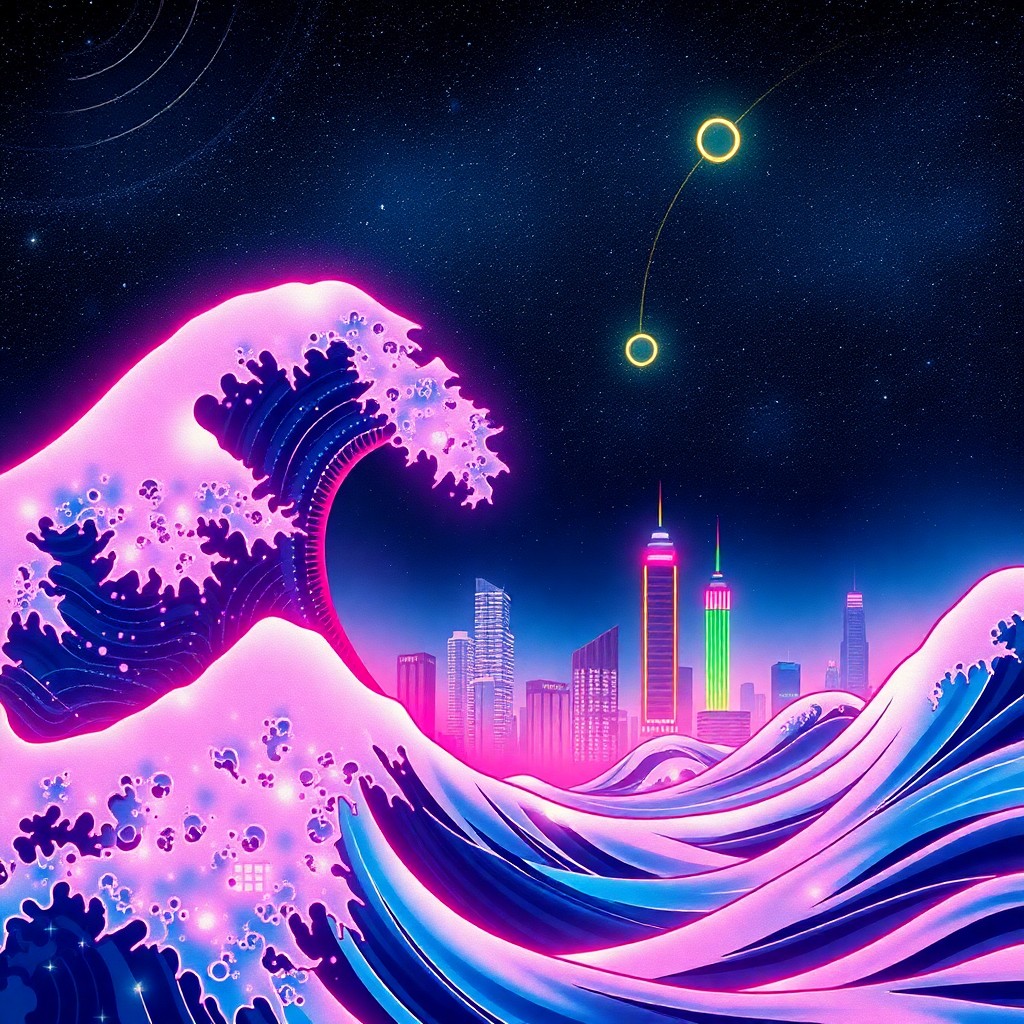 AI generated art for prompt: Imagine a cyberwave reminiscent of Hokusai's iconic waves, now infused with neon digital peaks under