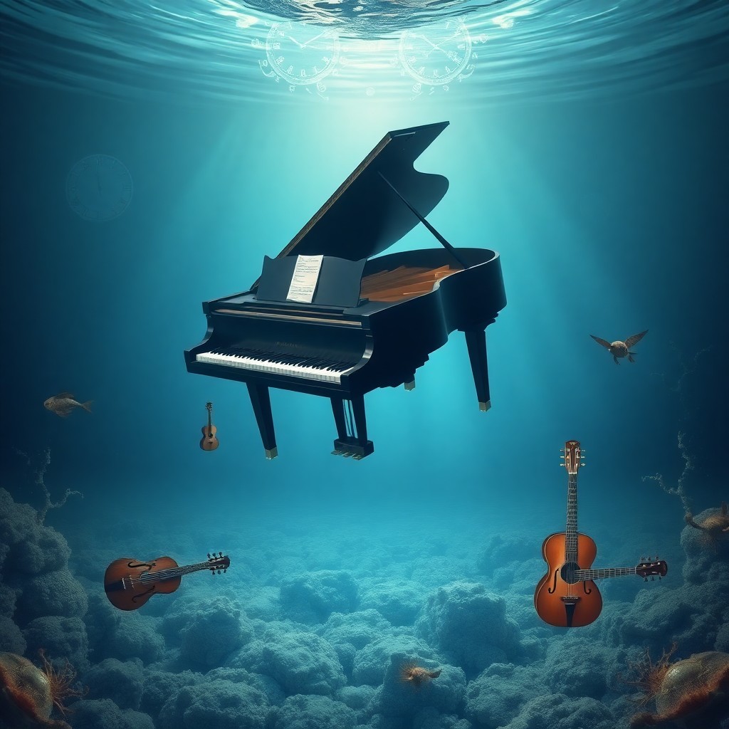 AI generated art for prompt: Craft an image embodying surrealism with a grand piano suspended enigmatically above a serene ocean.