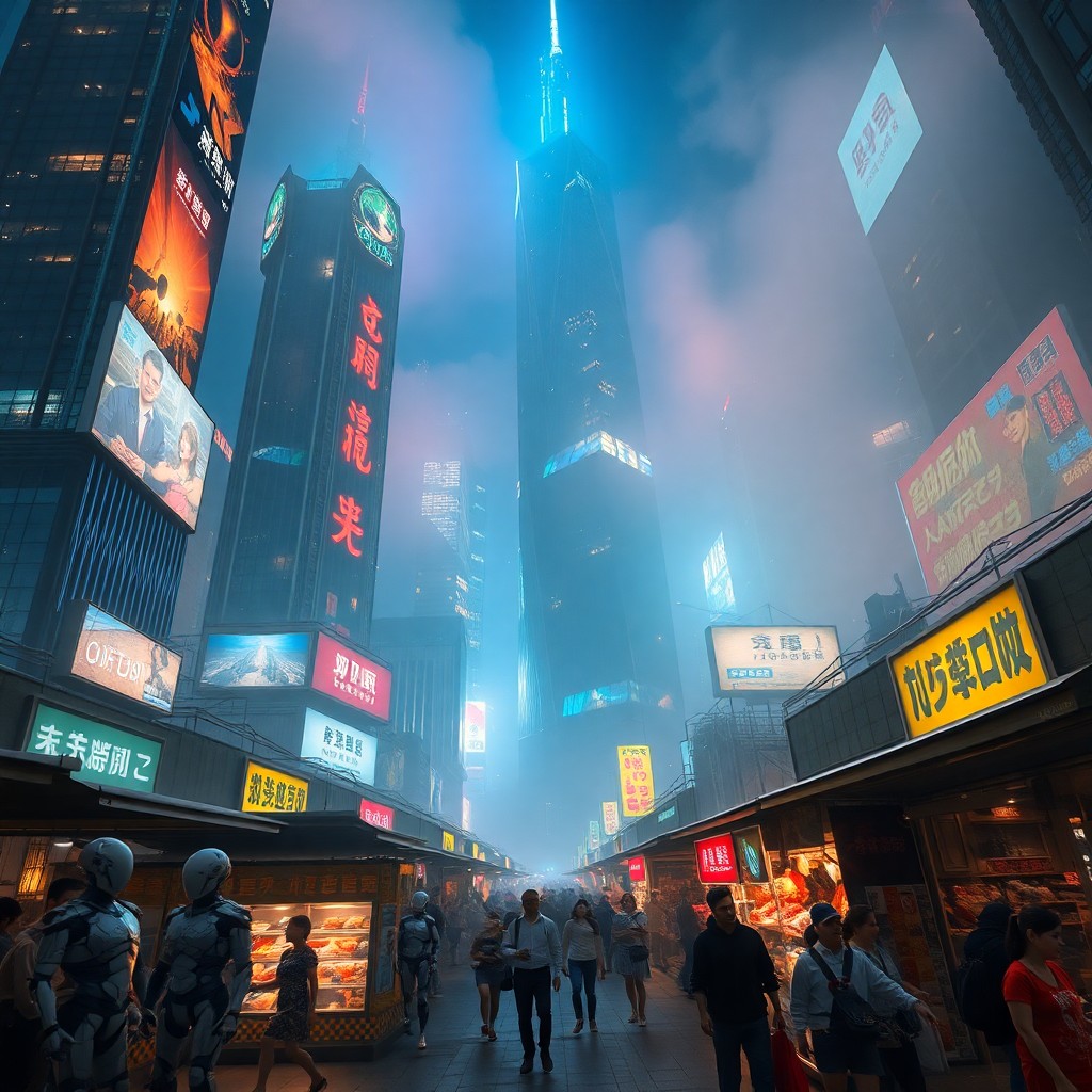 AI generated art for prompt: A sweeping panorama captures a futuristic metropolis at night, where towering skyscrapers pierce thr