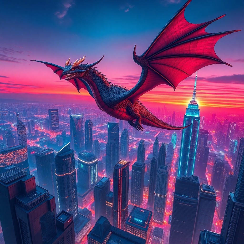 AI generated art for prompt: A soaring dragon's perspective captures a futuristic cityscape, reminiscent of Moebius' iconic scien