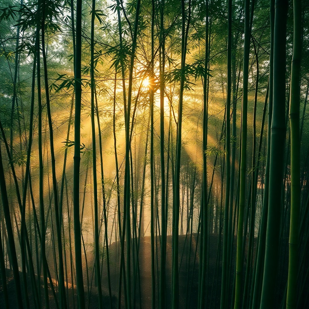 AI generated art for prompt: Picture an idyllic bamboo forest at daybreak, reminiscent of Utagawa Hiroshige's woodblock print mas