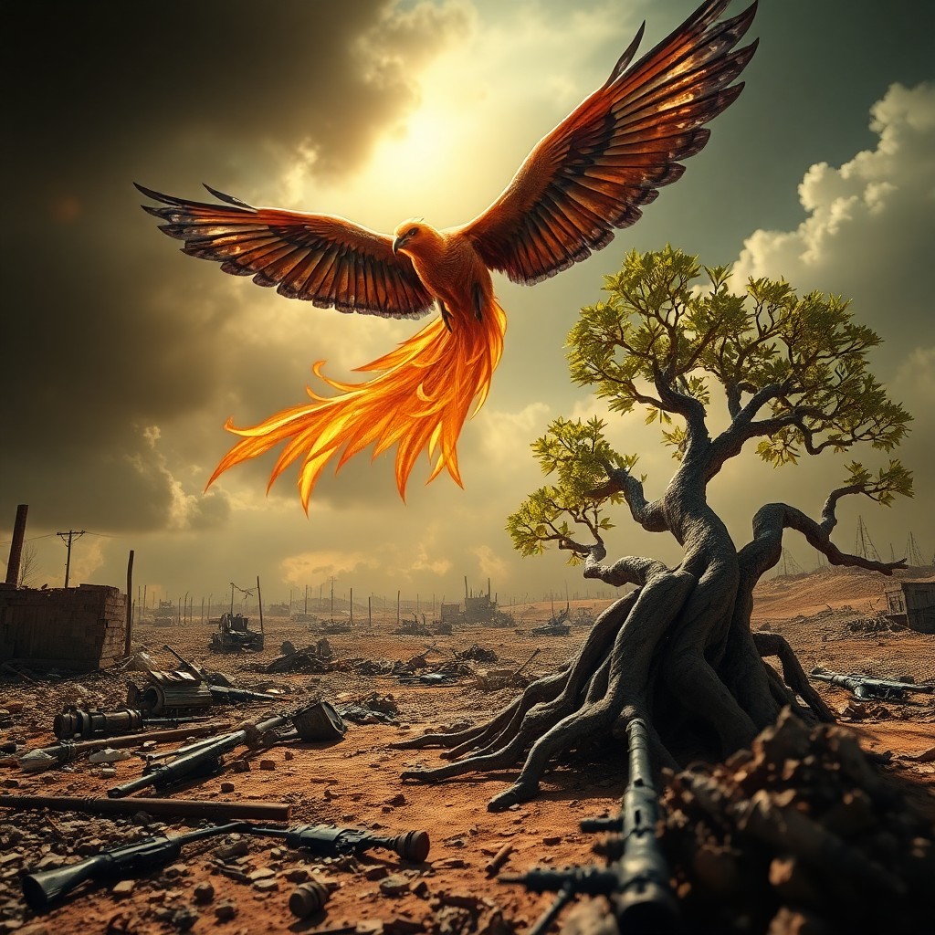 AI generated art for prompt: A surreal scene unfolds from an insect's perspective, capturing a majestic phoenix with metallic win