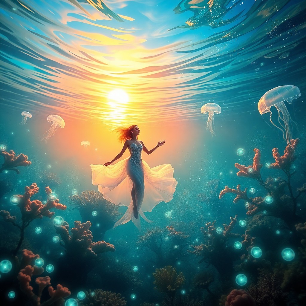 AI generated art for prompt: Imagine an enchanting underwater world glowing with the soft light of bioluminescent plants and crea