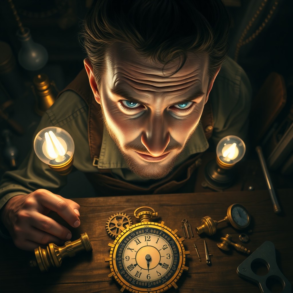 AI generated art for prompt: A high-resolution digital art portrait depicting a clockmaker with steampunk inspiration, their expr