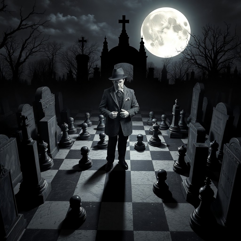 AI generated art for prompt: In a moonlit graveyard, an otherworldly chessboard emerges, its black and white squares merging with