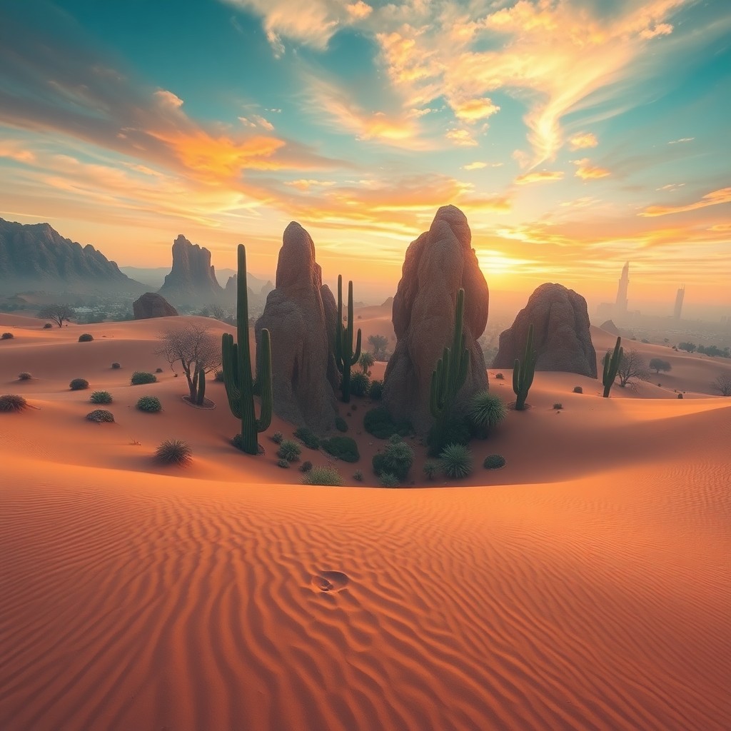 AI generated art for prompt: A mesmerizing digital artwork captures a tranquil desert oasis nestled within an intricate maze of t