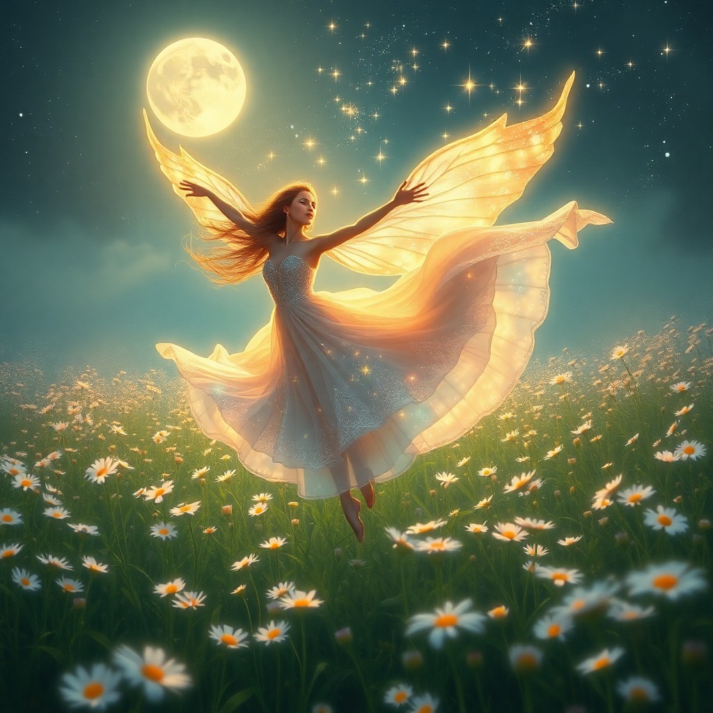 AI generated art for prompt: A celestial dancer twirls gracefully among a field of shimmering flowers under the soft glow of the 