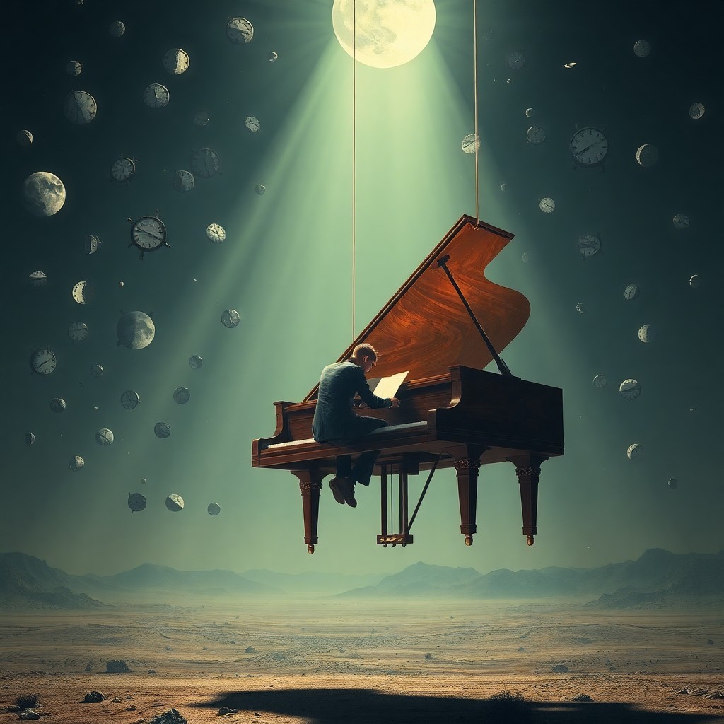 AI generated art for prompt: Craft a surrealistic scene featuring a grand piano suspended in mid-air by an invisible thread, with