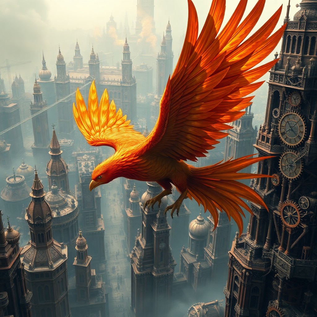 AI generated art for prompt: Craft an intricate digital artwork in the style of dystopian steampunk, depicting a majestic phoenix