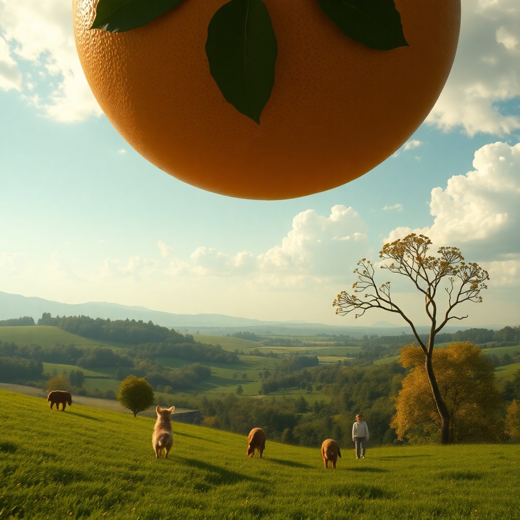 AI generated art for prompt: In the whimsical spirit of surrealist art, craft an enchanting scene where a colossal orange floats 