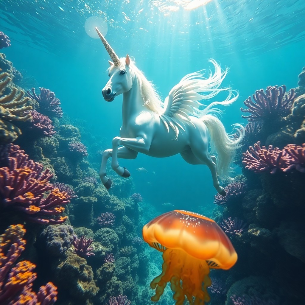 AI generated art for prompt: An enchanting underwater tableau depicts a regal unicorn gliding effortlessly among an otherworldly 