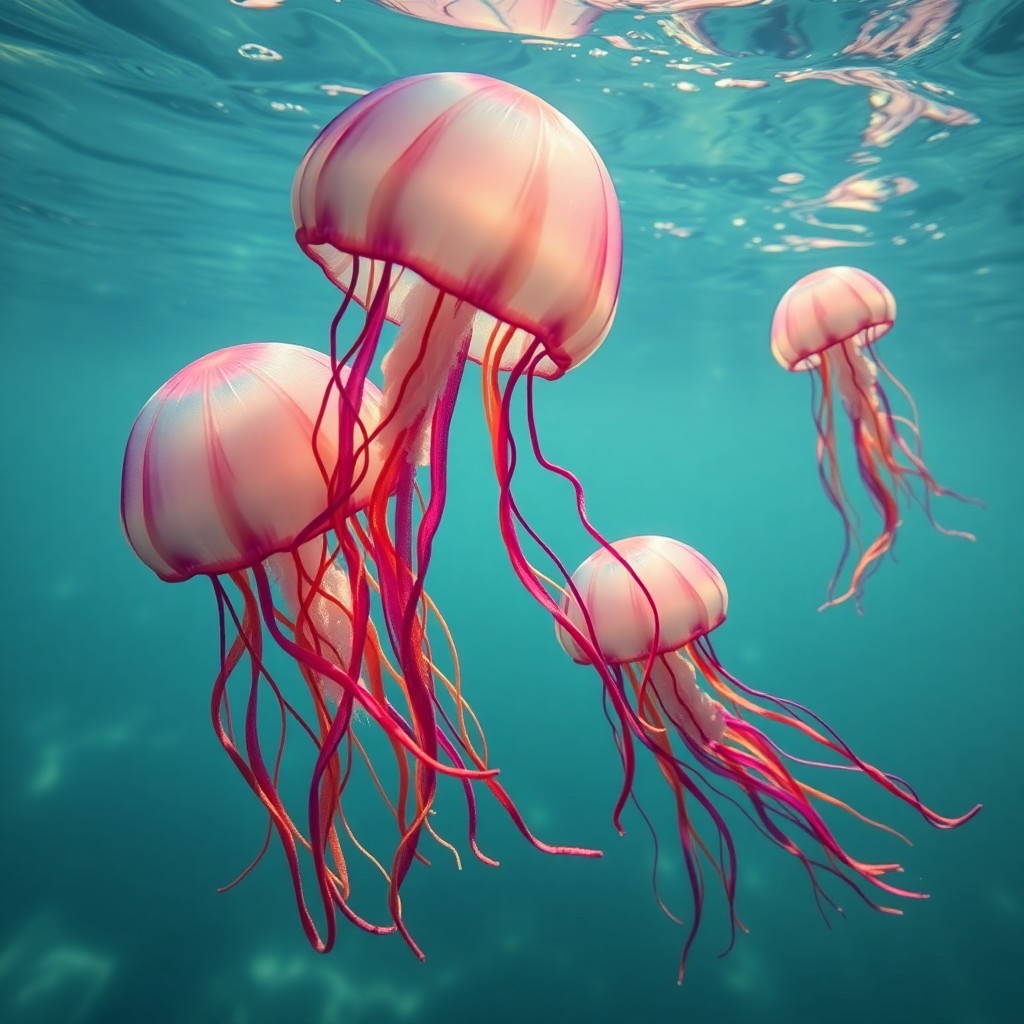 AI generated art for prompt: Imagine an enchanting underwater scene where whimsical jellyfish drift gracefully in a dreamlike sty