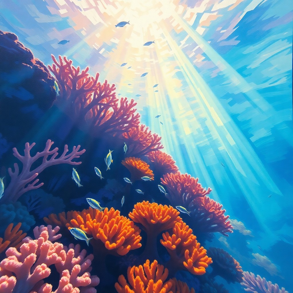 AI generated art for prompt: A tranquil underwater landscape, reminiscent of impressionist brushstrokes, showcases a mesmerizing 