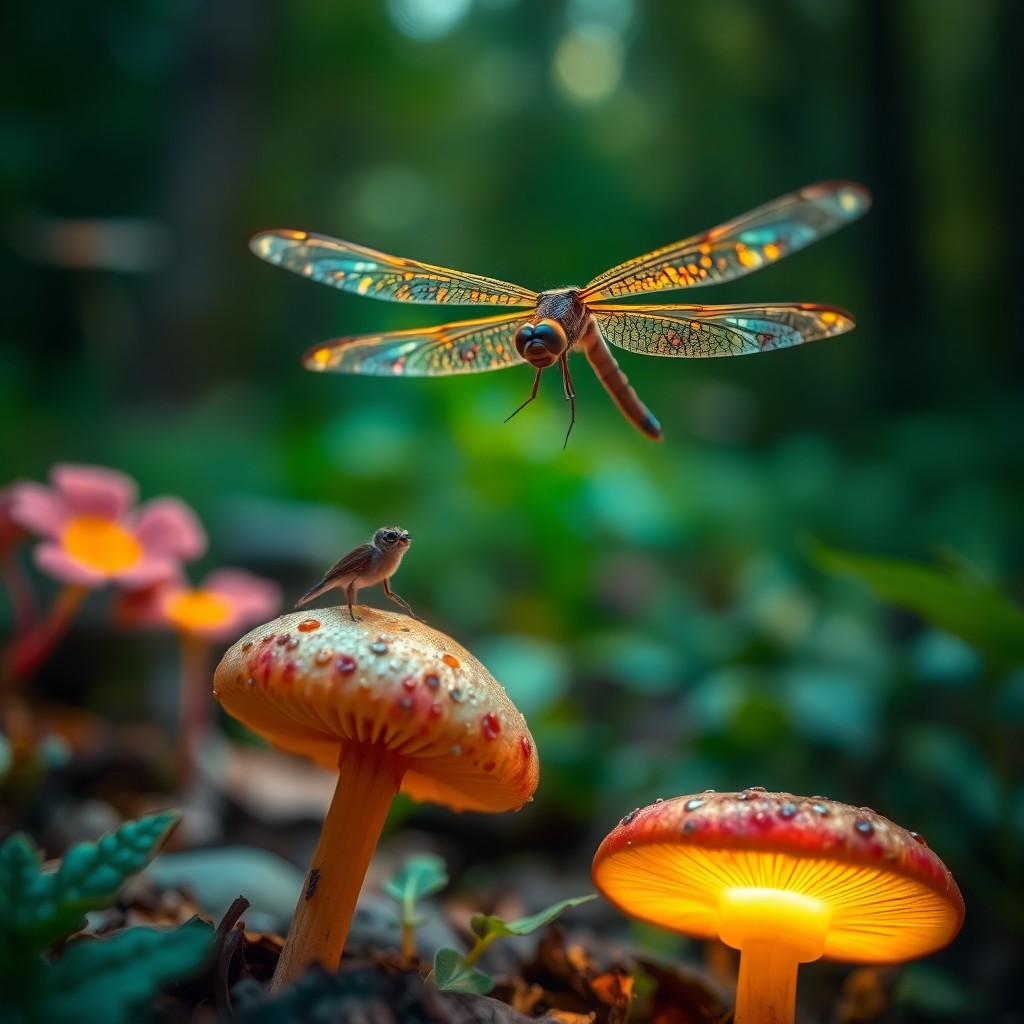 AI generated art for prompt: Imagine a whimsical woodland scene from a dragonfly's perspective, capturing the intricate details o