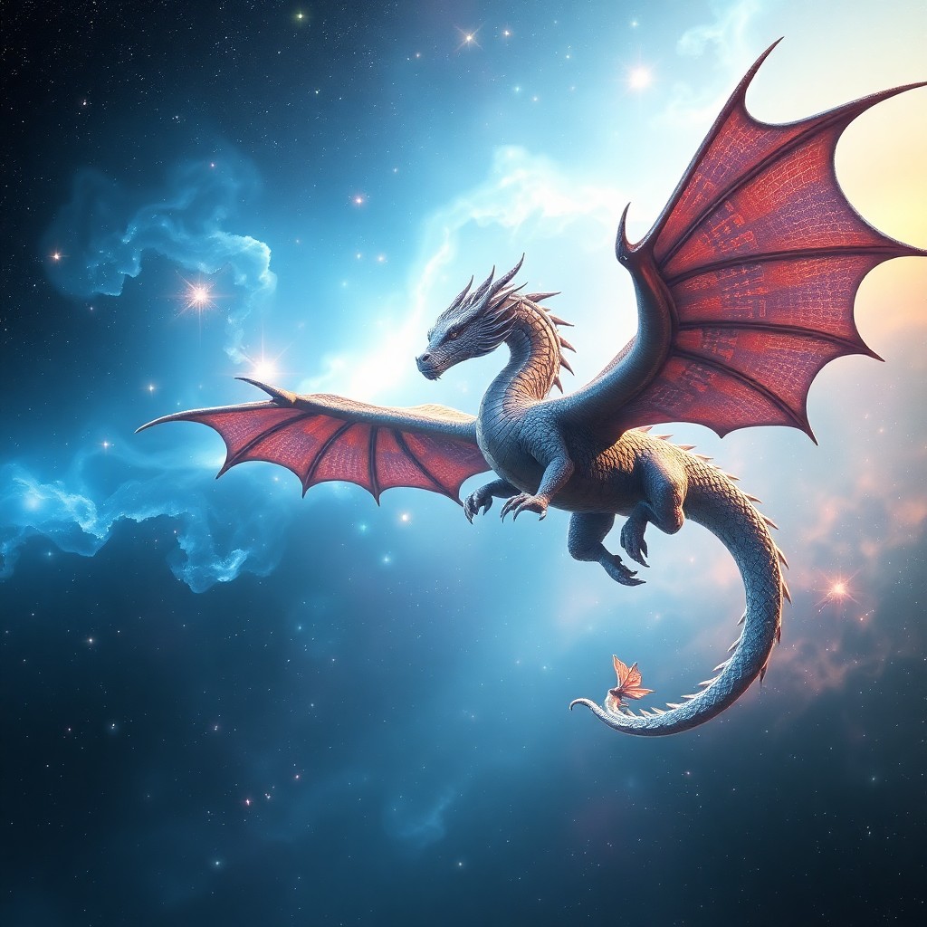 AI generated art for prompt: Imagine an awe-inspiring digital artwork portraying a regal dragon gracefully soaring through a lumi