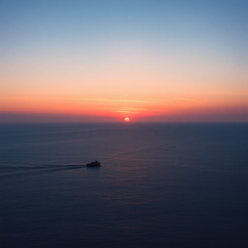 AI generated art for prompt: A serene yet haunting seascape at dusk is captured from an aerial perspective above a vast, tranquil