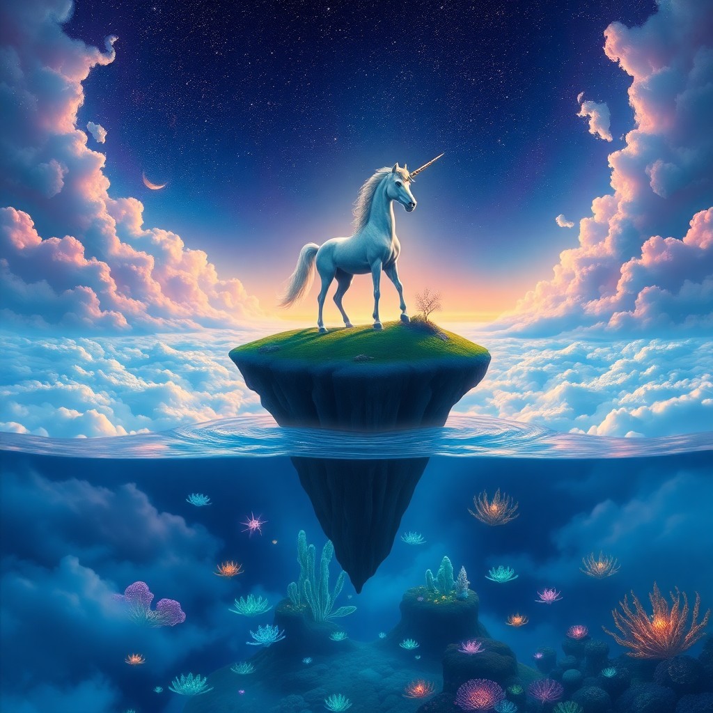 AI generated art for prompt: Create an enchanting dream landscape where a grand unicorn stands on a hovering island amidst an exp