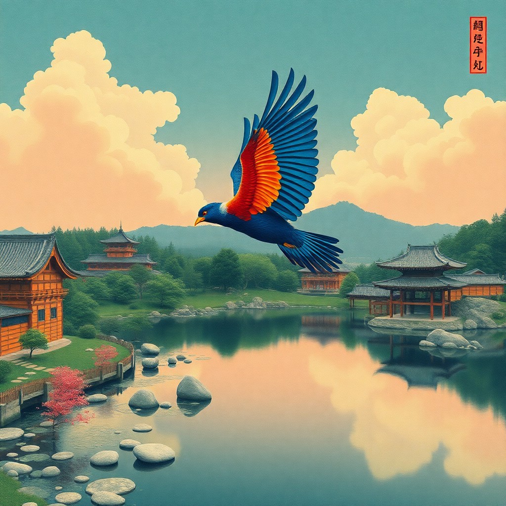 AI generated art for prompt: Create an image that blends surrealism with traditional Japanese woodblock print aesthetics, depicti