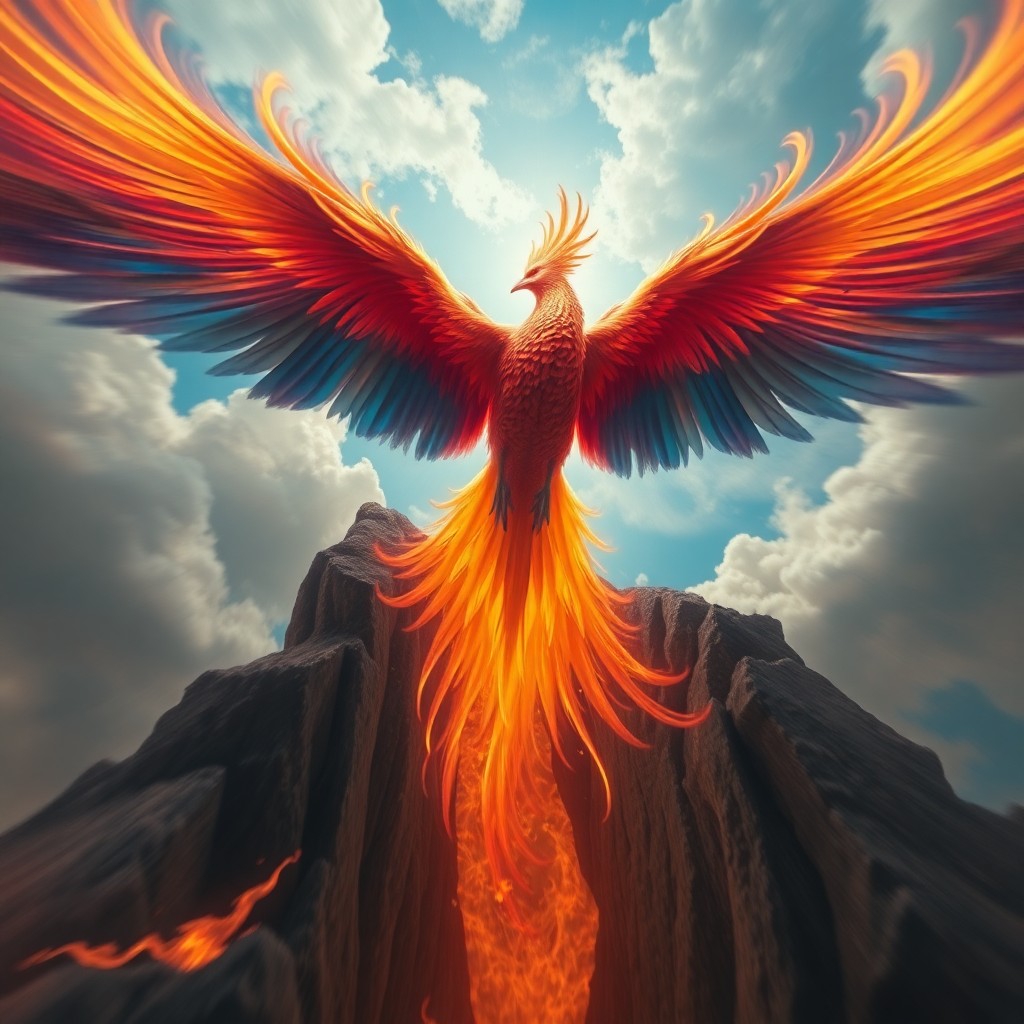 AI generated art for prompt: In a surreal dreamscape, create an awe-inspiring scene where a magnificent phoenix emerges from the 