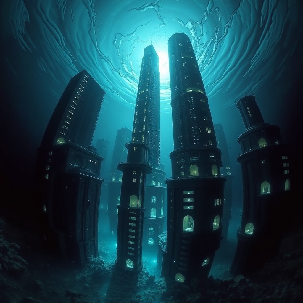 AI generated art for prompt: A surreal underwater metropolis emerges from the depths of an immense ocean, with towering skyscrape